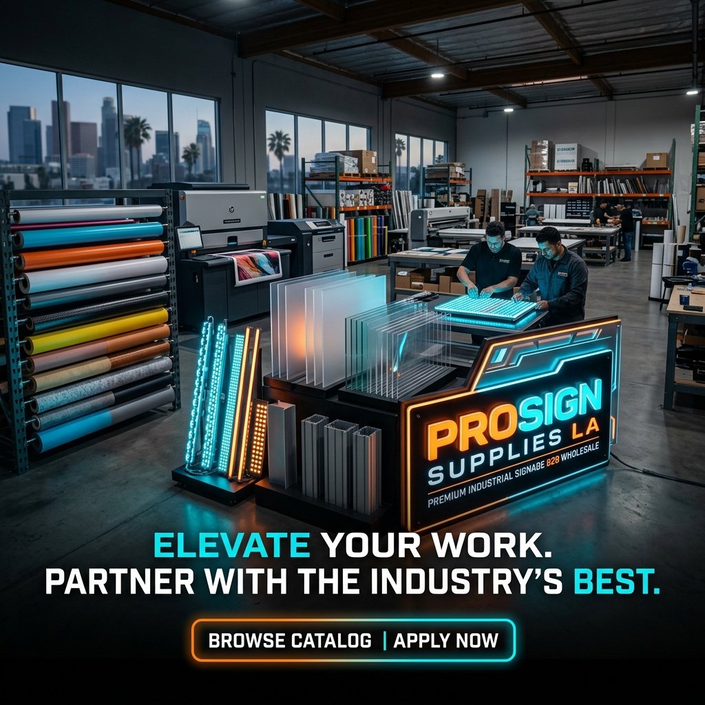 Sign supply warehouse with acrylics and LEDs
